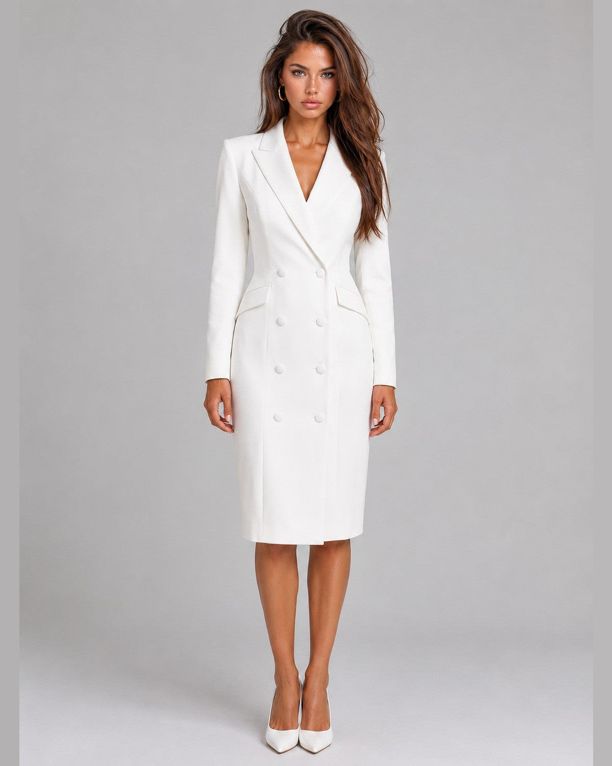 Lucienne Blazer Midi Dress for Women - Double Breasted Summer Dress - White