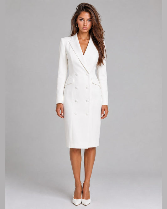 Lucienne Blazer Midi Dress for Women - Double Breasted Summer Dress - White