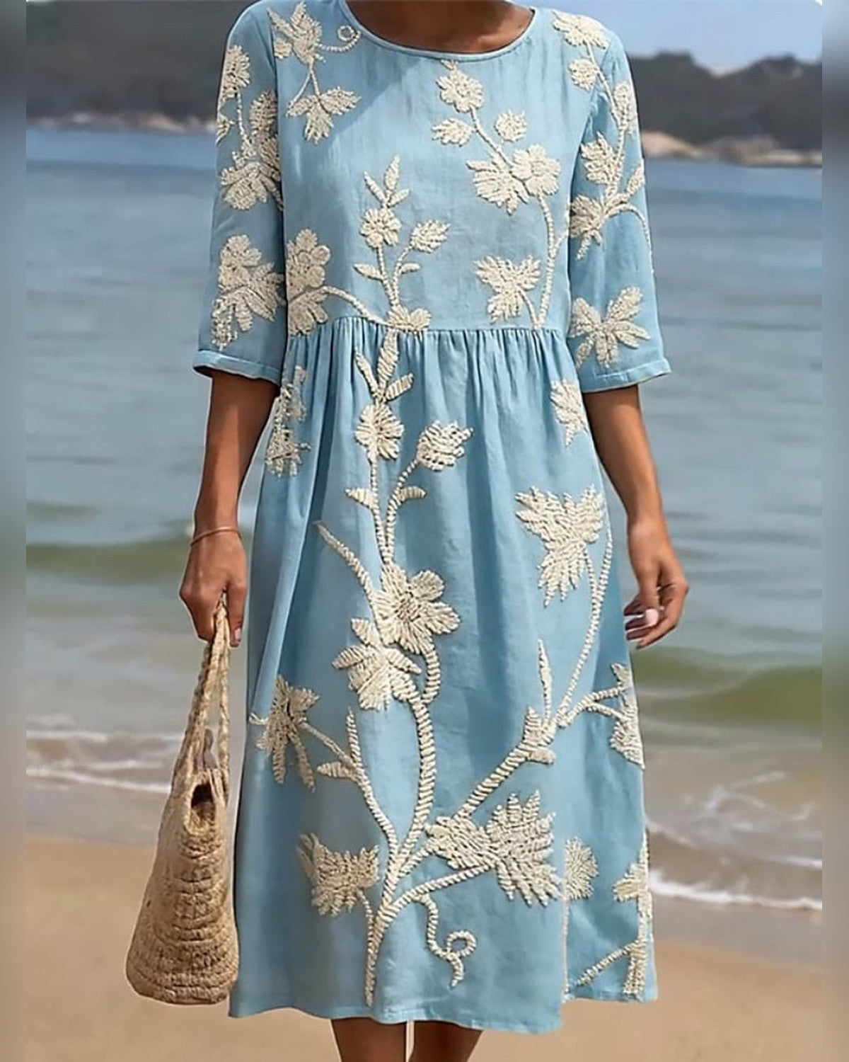 Mathilde Floral Midi Dress for Women - Linen-Look Summer Dress - Blue