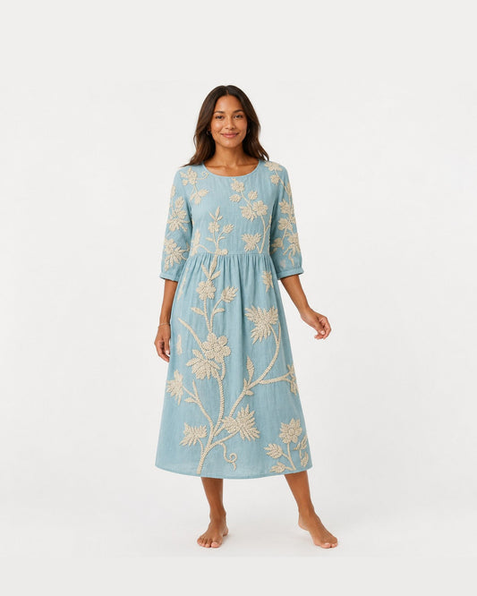 Mathilde Floral Midi Dress for Women - Linen-Look Summer Dress - Blue