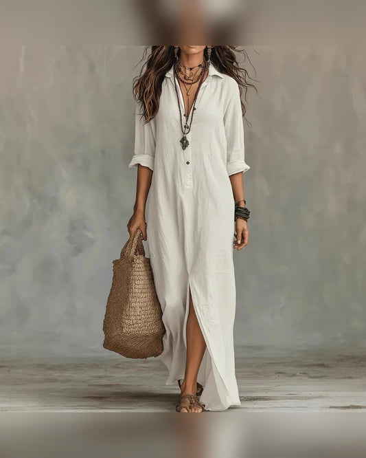 Mila Casual Linen-Blend Maxi Dress for Women - Shirt Button Placket Summer Dress - White