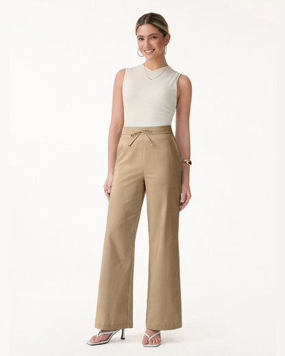 Nora Drawstring Pocket Wide Leg Pants for Women - Summer Pants - Khaki