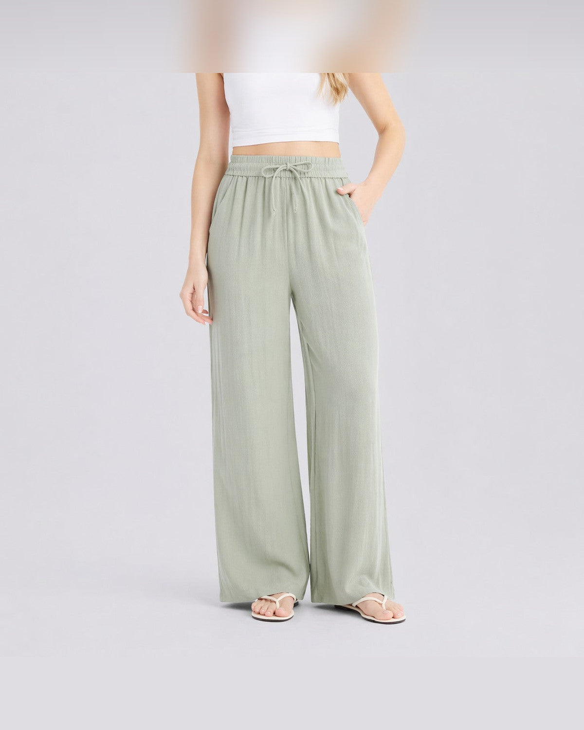 Pernille High-Waist Wide Leg Pants for Women - Drawstring Linen-Look Trousers Summer Pants - Green