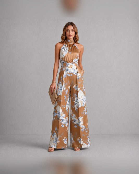 Pippa Floral Jumpsuit for Women - Halter Neck Wide-Leg Summer Jumpsuit - Camel