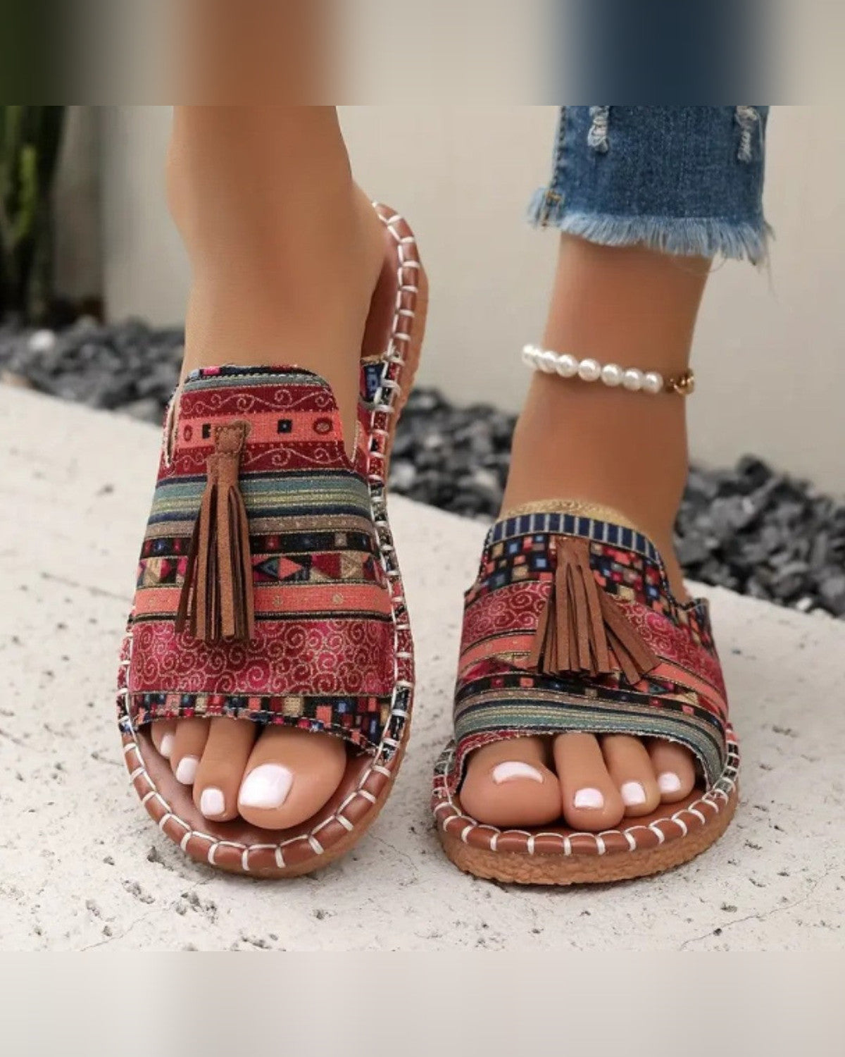 Robin Printed Slide Sandals for Women - Tassel Flat Summer Sandals - Red