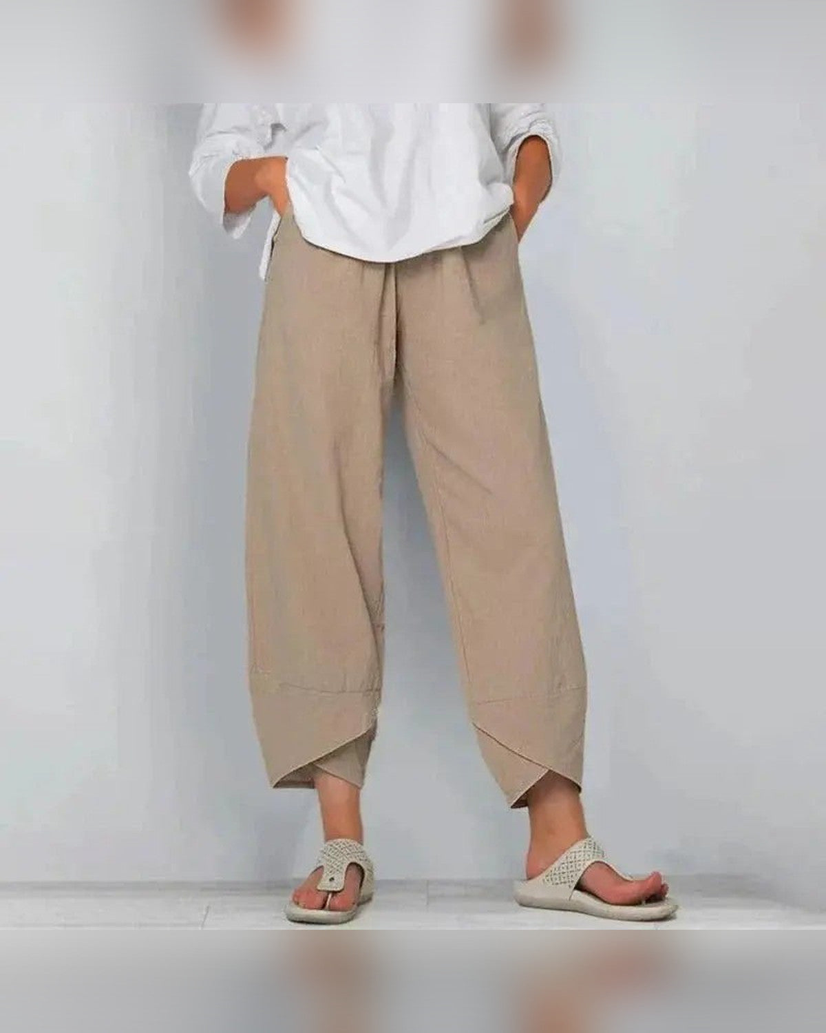 Romy Cropped Trousers Wide Leg Pants for Women - Relaxed Fit Summer Pants - Khaki