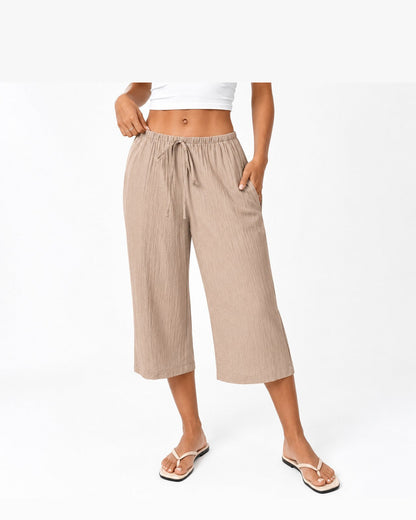 Romy Cropped Trousers Wide Leg Pants for Women - Relaxed Fit Summer Pants - Khaki