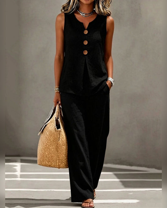 Rowena Sleeveless Button Front Two Piece Set for Women - Top Wide Leg Summer Set - Black