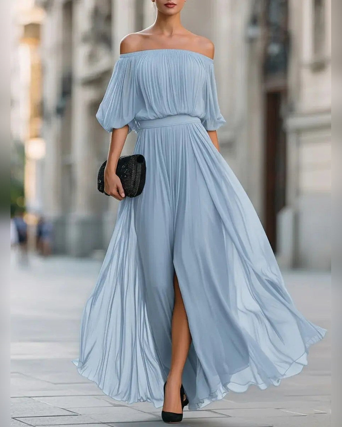 Sabine Flowy Maxi Dress for Women - Off Shoulder Summer Dress - Light Blue