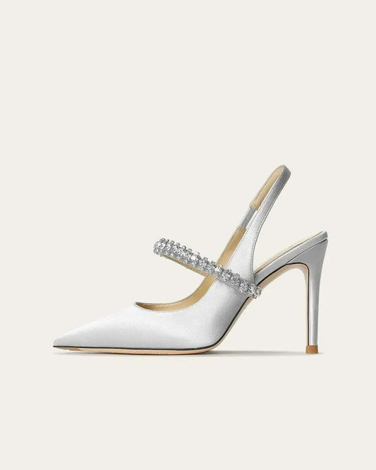 Salome Satin-Look Stiletto Heels for Women - Pointed Toe Slingback Summer Heels - Silver