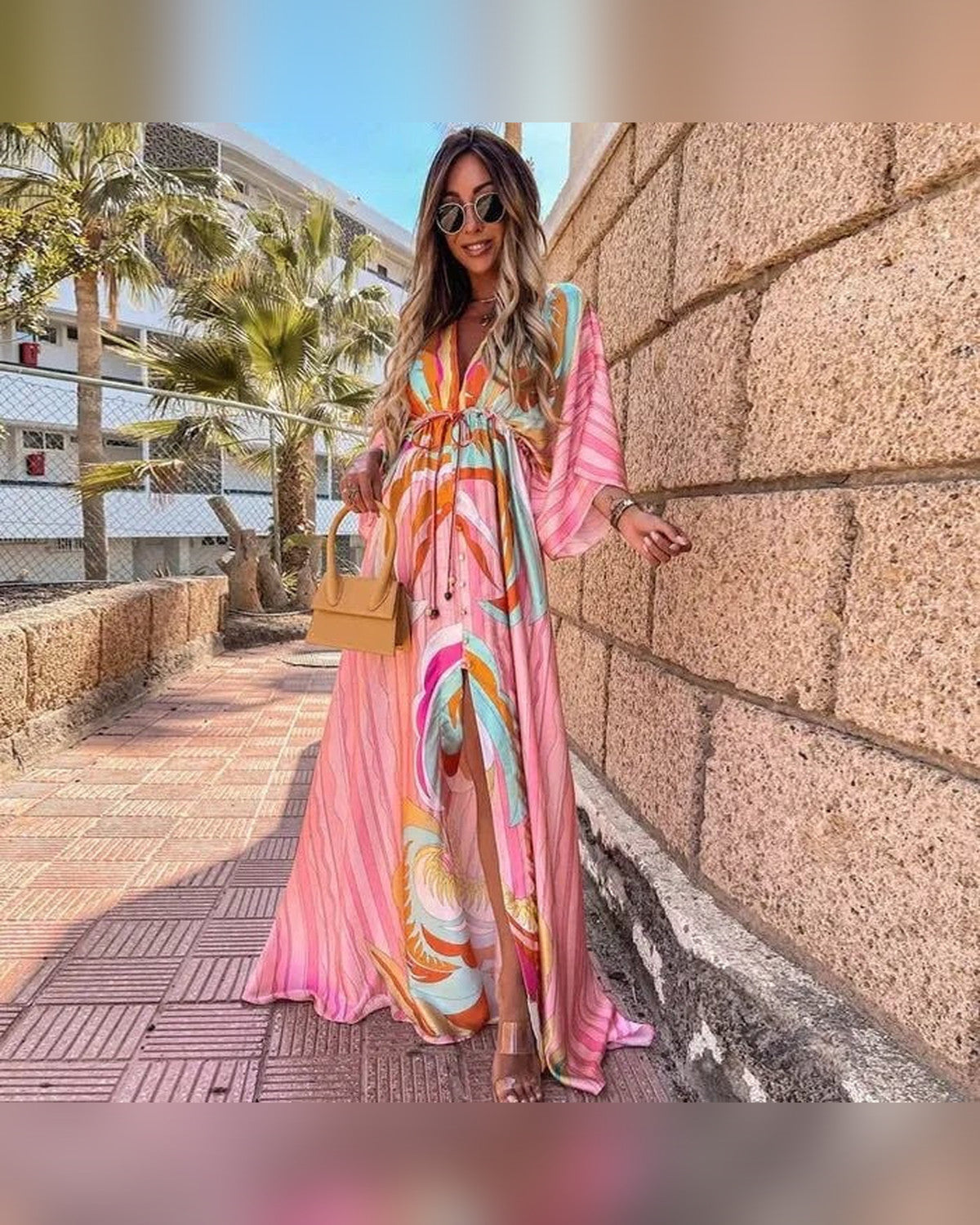 Sarah Abstract Print Maxi Dress for Women - V-Neck Kimono Sleeve Summer Dress - Light Pink