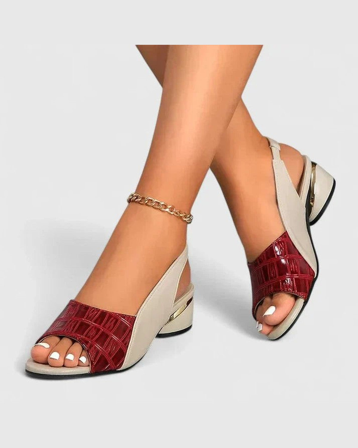 Saskia Open Toe Sandals for Women - Block Heel Slingback Summer Sandals - Red & Beige
