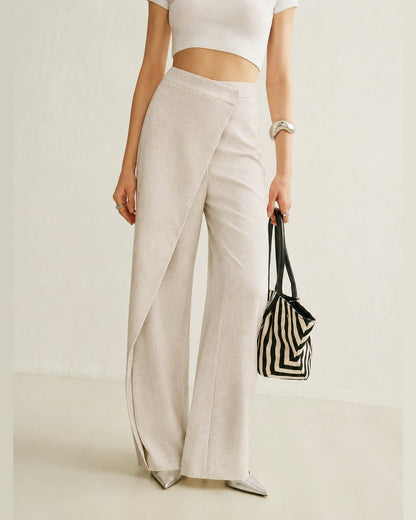Selma High Waist Wide Leg Pants for Women - Asymmetric Wrap Front Summer Pants - Beige