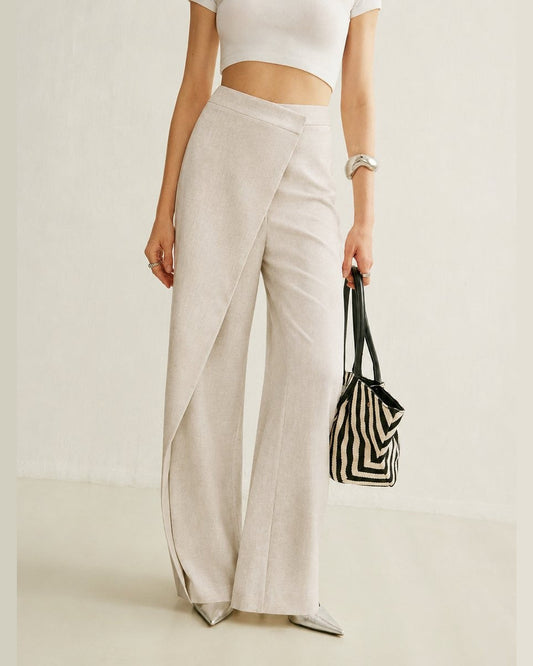 Selma High Waist Wide Leg Pants for Women - Asymmetric Wrap Front Summer Pants - Beige