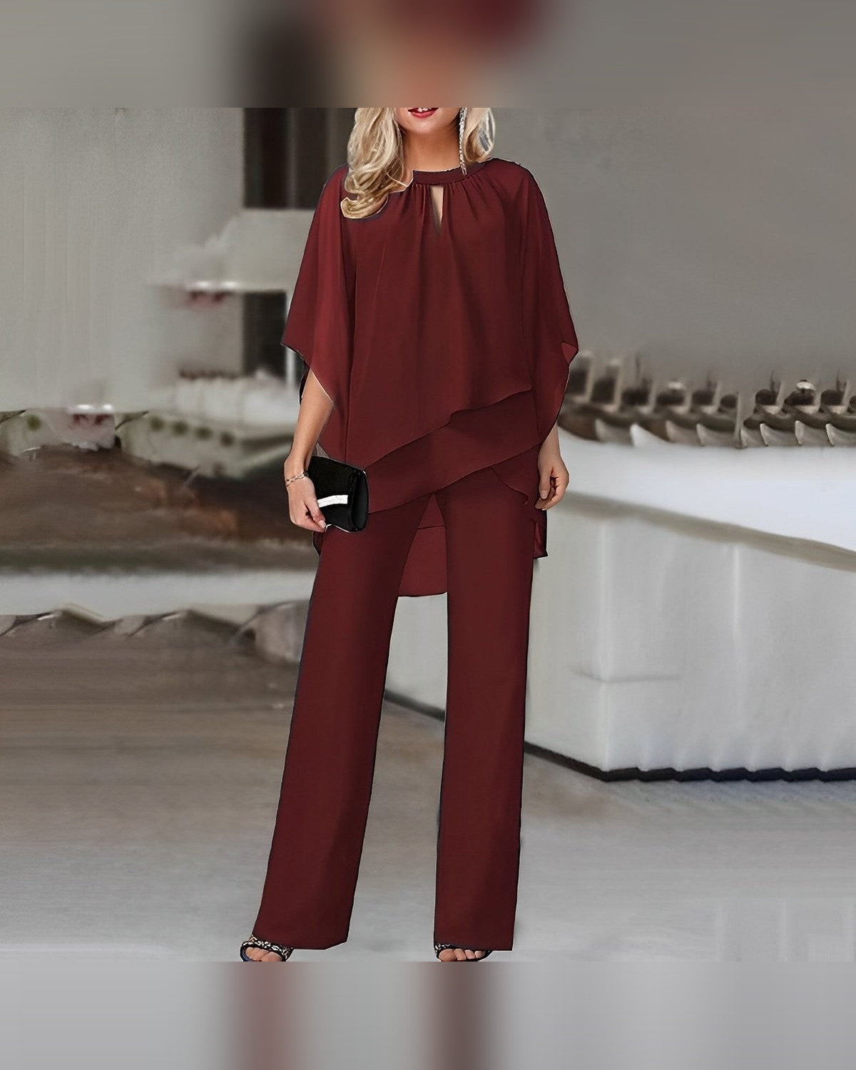 Seraphina Chiffon Layered Two Piece Set for Women - Top Wide-Leg Trousers Summer Set - Wine Red