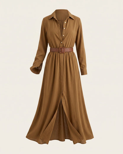 Amelia Belted Long Sleeve Maxi Dress — front clean