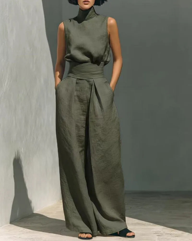 Anouk Sleeveless Linen Jumpsuit for Women - Wide Leg Casual Summer Jumpsuit - Military Green