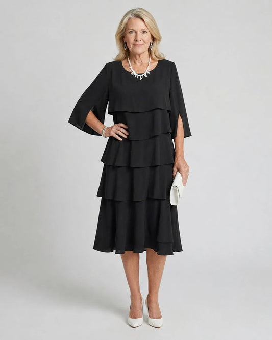 Cassia Tiered Flutter Sleeve Midi Dress for Women - Summer Dress - Black