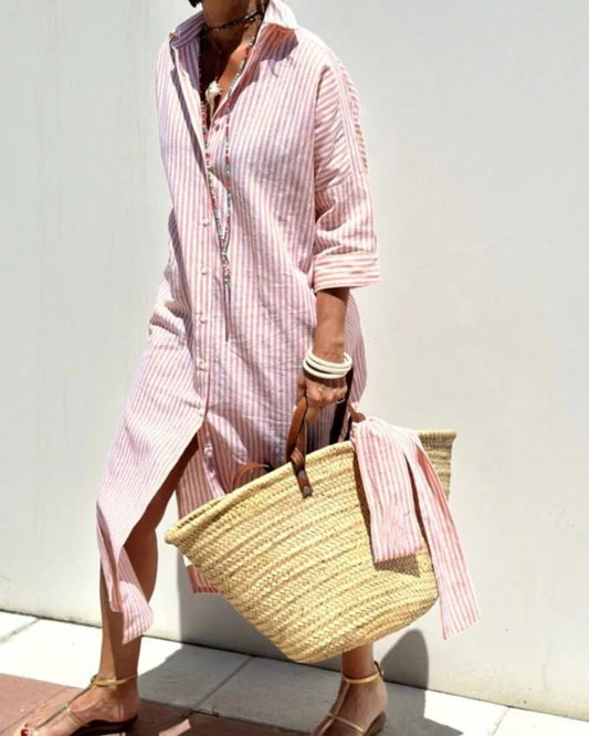 Daisy Striped Button Front Midi Dress for Women - Shirt Summer Dress - Pink