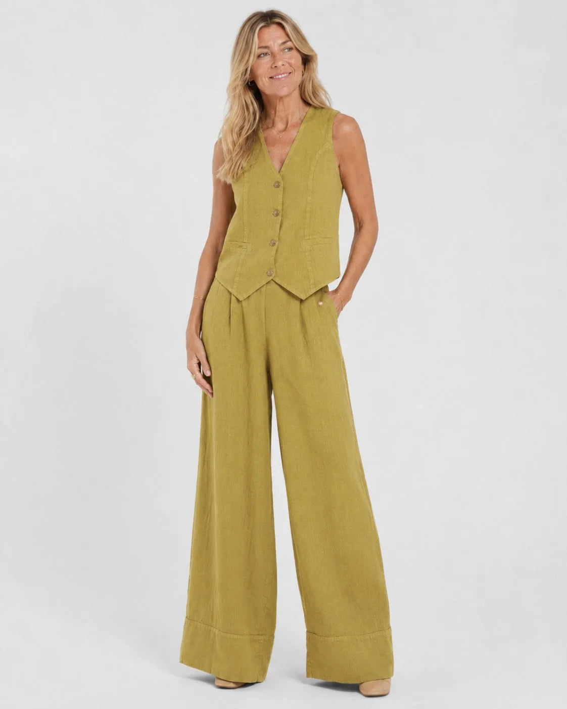 Verity Tailored Two-Piece Set for Women - Sleeveless Vest & Wide Leg Trousers Summer Set - Green