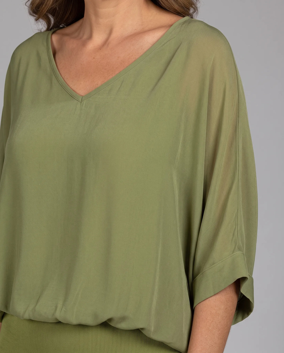 Adeline Draped Wide-Leg Two Piece Set — neckline and cuff detail
