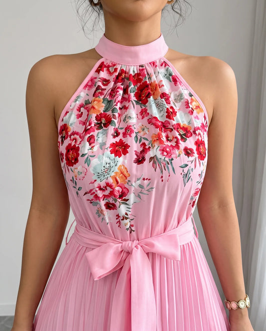 Charlie Floral Pleated Maxi Dress — halter neckline and floral bodice detail