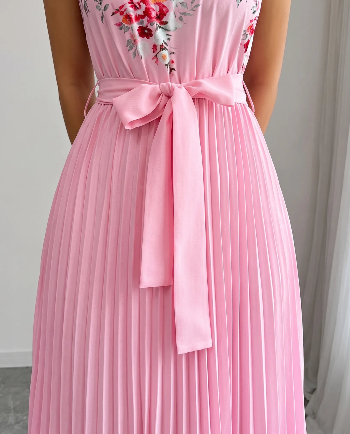Charlie Floral Pleated Maxi Dress — waist bow detail
