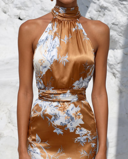 Genevieve Cocktail Satin Dress — halter neckline and waist wrap detail