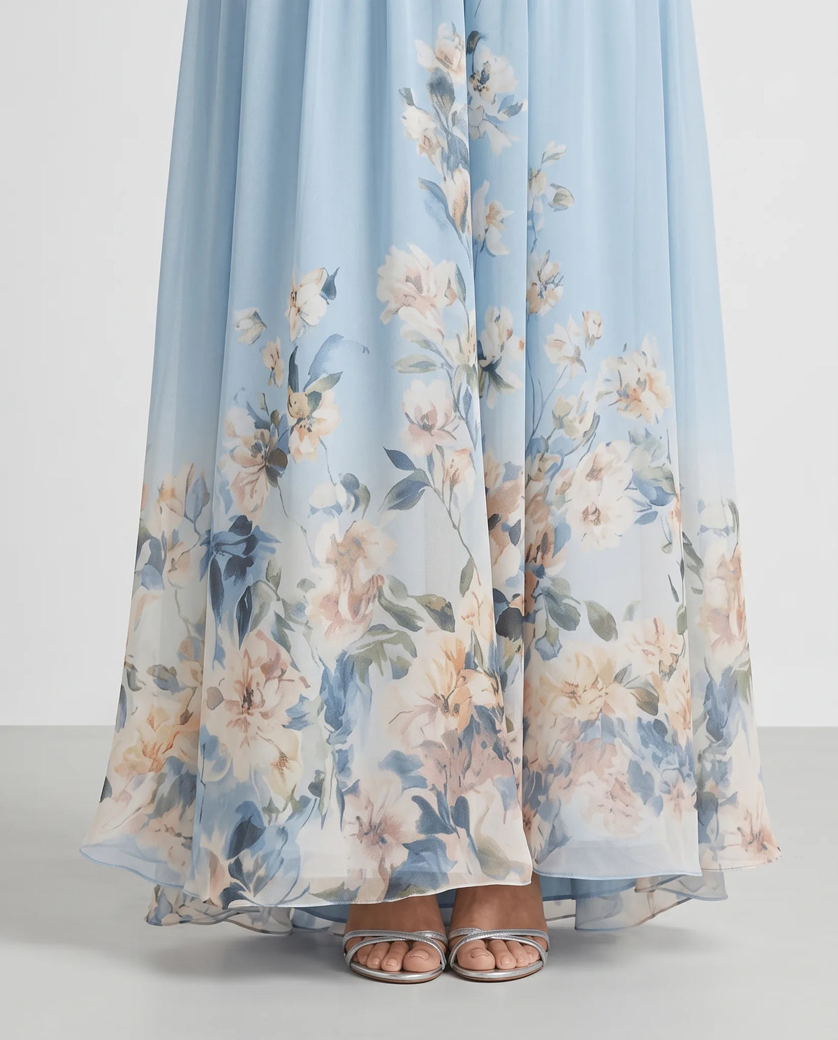 Ines V-Neck Ruched Maxi Dress — floral border detail