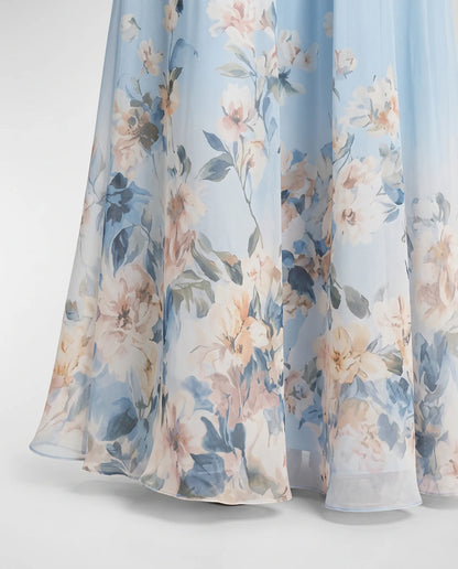 Ines V-Neck Ruched Maxi Dress — floral print close-up