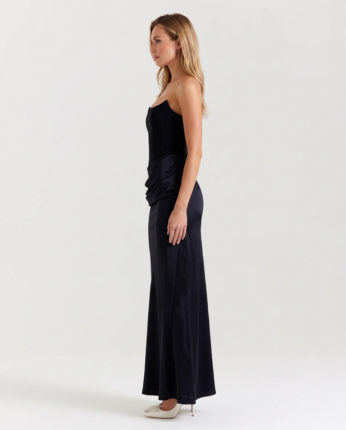 Isabella Strapless Ruched Maxi Dress — side profile