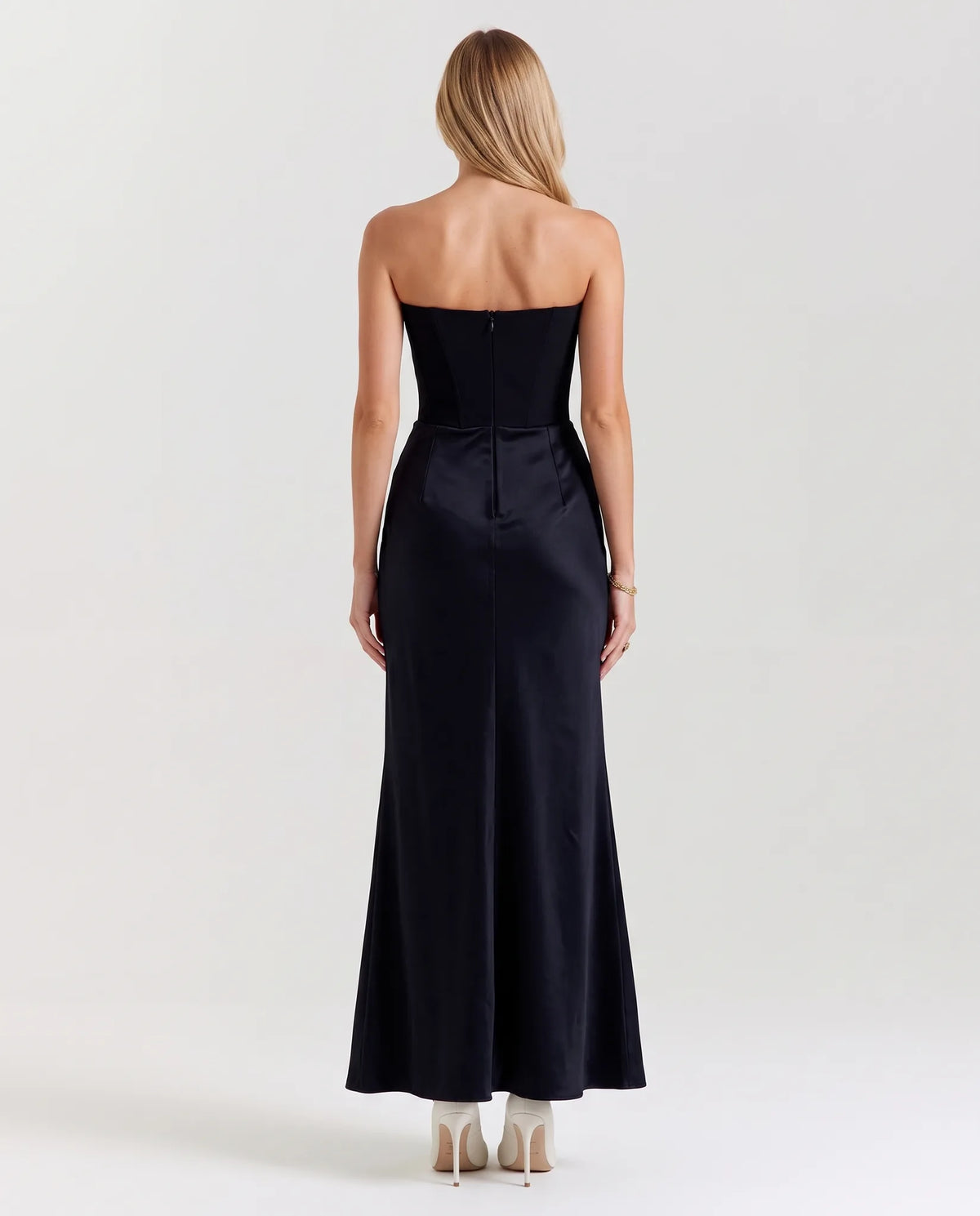 Isabella Strapless Ruched Maxi Dress — back view with zip