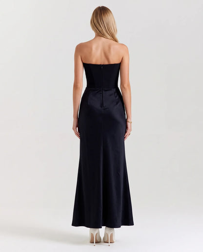 Isabella Strapless Ruched Maxi Dress — back view with zip