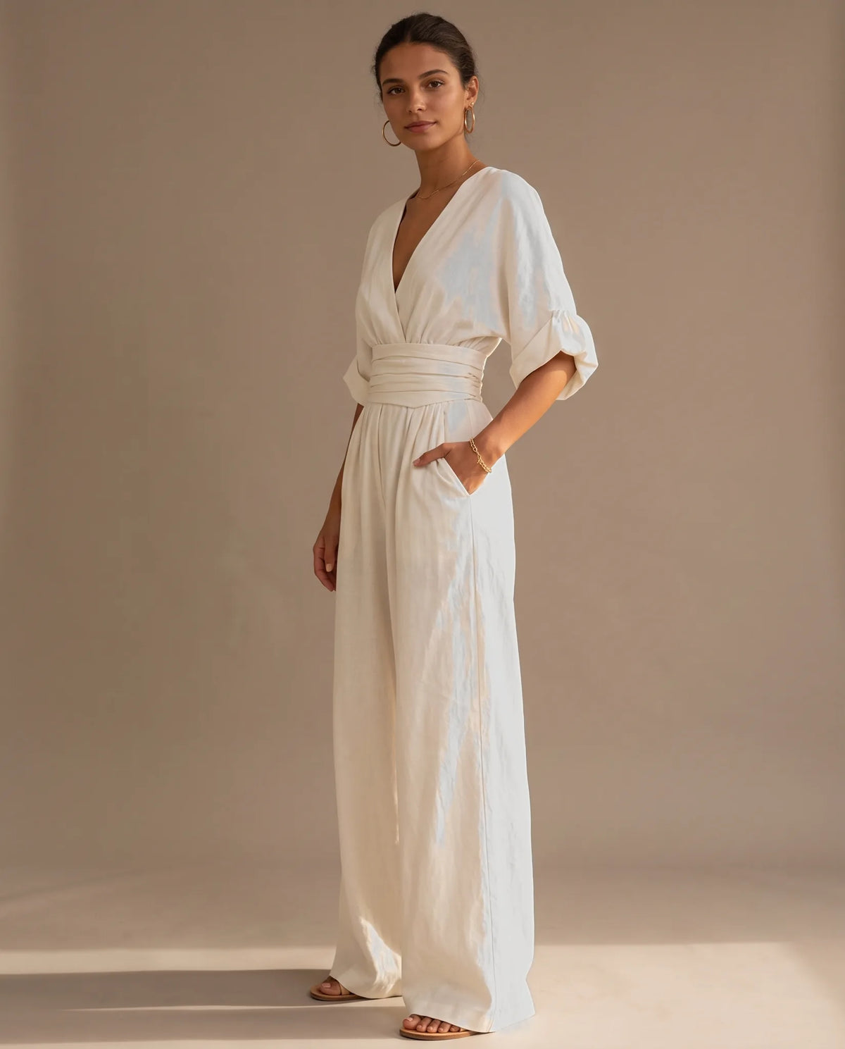 Alessia V-Neck Wide Leg Jumpsuit for Women - Summer Jumpsuit - White — three-quarter view
