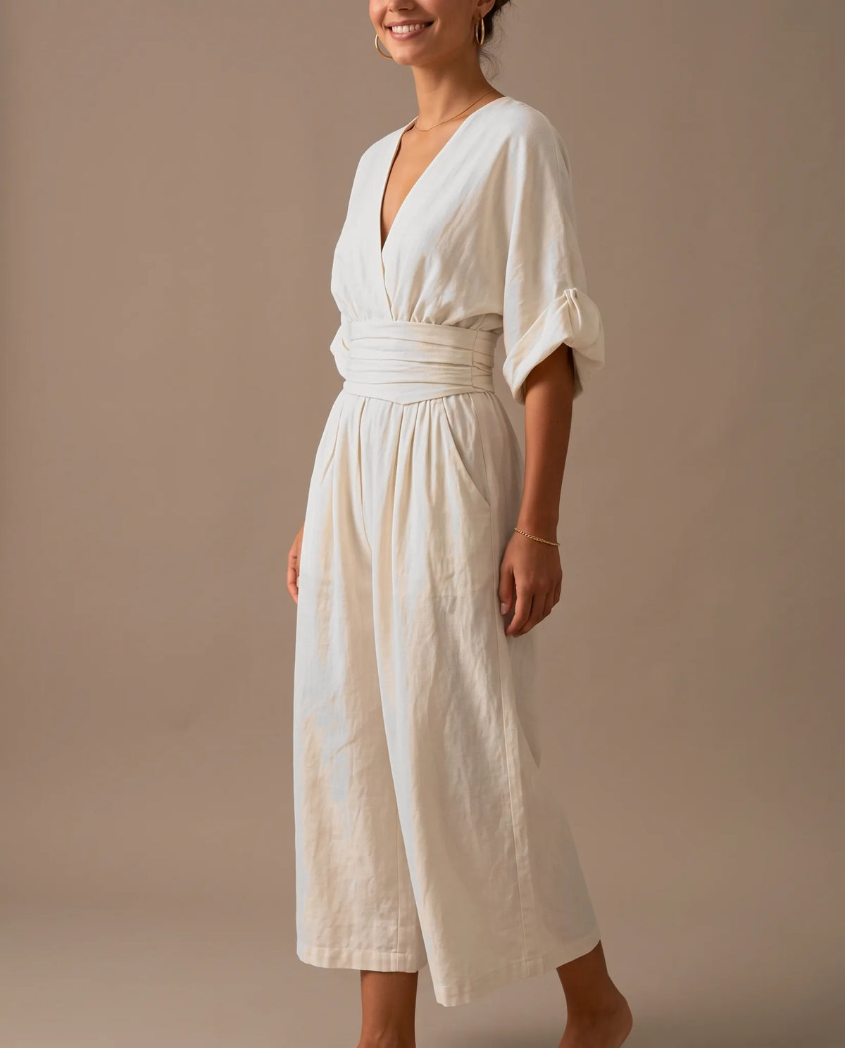 Alessia V-Neck Wide Leg Jumpsuit for Women - Summer Jumpsuit - White — three-quarter view