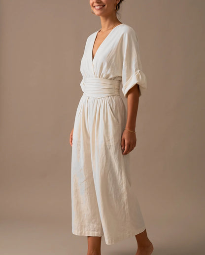 Alessia V-Neck Wide Leg Jumpsuit for Women - Summer Jumpsuit - White — three-quarter view