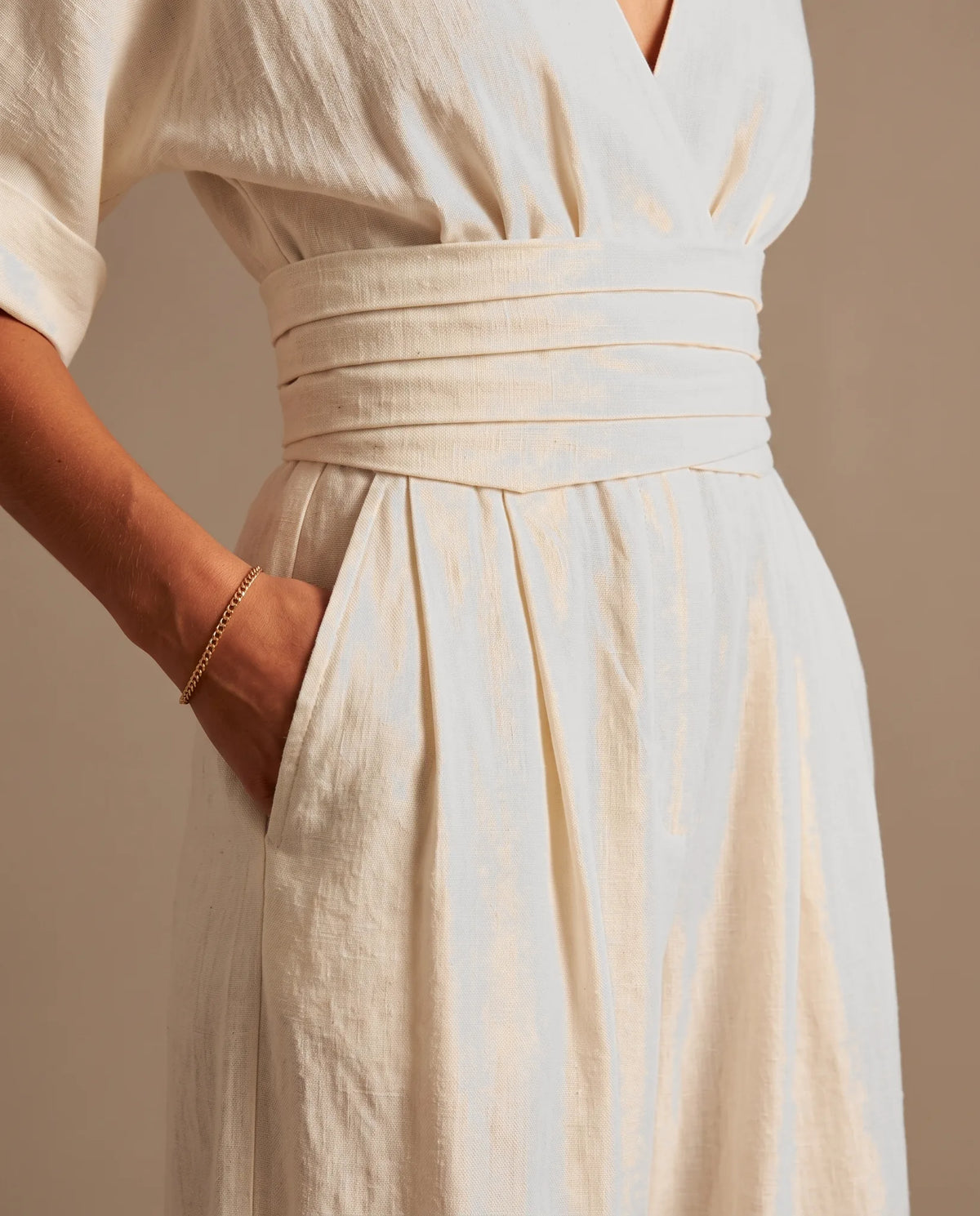 Alessia V-Neck Wide Leg Jumpsuit for Women - Summer Jumpsuit - White — waistband and pocket detail