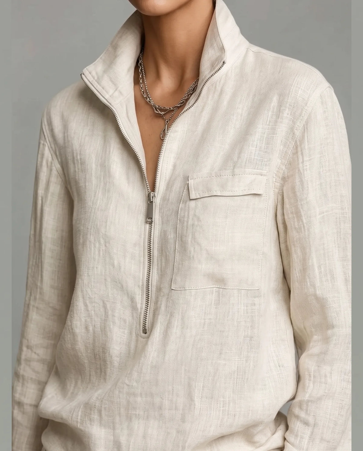 Alma Two-Piece Set for Women - Half Zip Collar Shirt & Wide Leg Pants Summer Set - Beige — collar and chest pocket detail