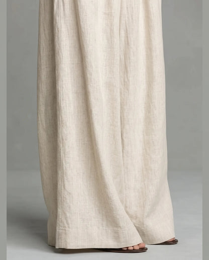 Alma Two-Piece Set for Women - Half Zip Collar Shirt & Wide Leg Pants Summer Set - Beige — wide leg detail