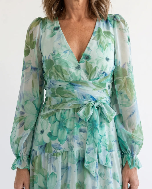 Althea Long Sleeve Maxi Dress for Women - Floral Summer Dress - Green — neckline detail