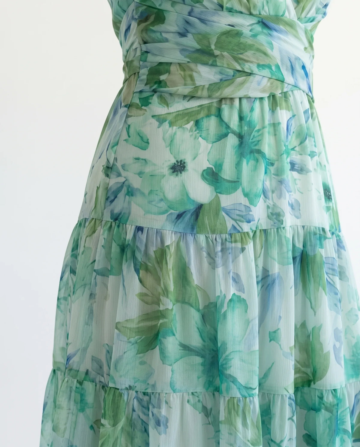 Althea Long Sleeve Maxi Dress for Women - Floral Summer Dress - Green — fabric print close-up