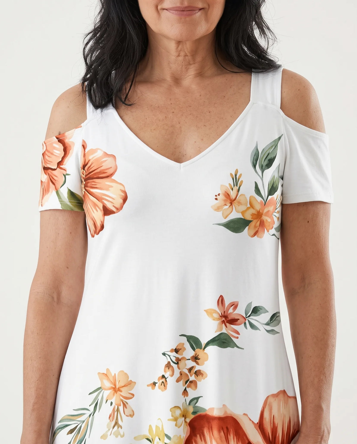 Amandine Floral Short-Sleeve Maxi Dress for Women - Summer Dress - White — neckline detail