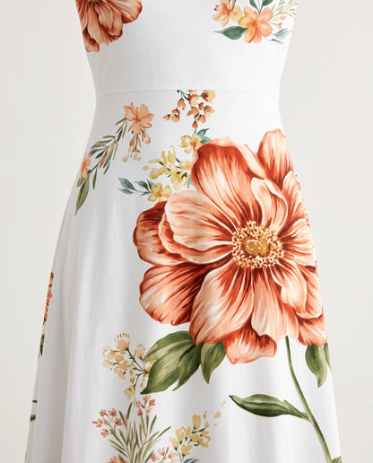 Amandine Floral Short-Sleeve Maxi Dress for Women - Summer Dress - White — fabric print close-up