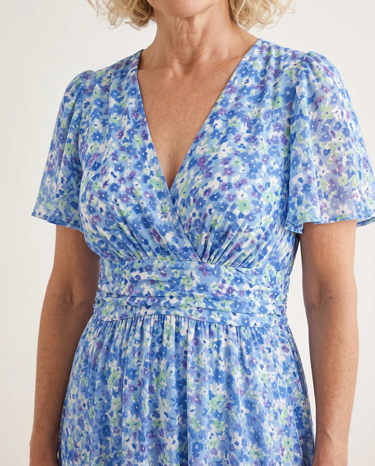 Ambika Floral Short-Sleeve Maxi Dress for Women - Summer Dress - Sky Blue — neckline detail