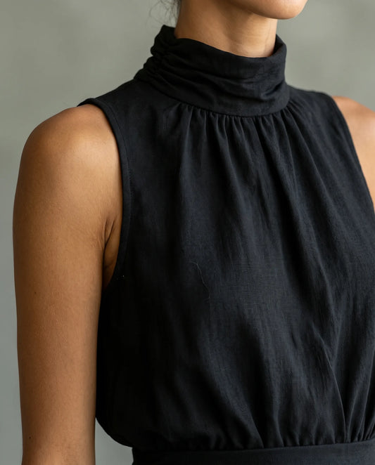 Angeline Sleeveless Jumpsuit for Women - Wide Leg Summer Jumpsuit - Black — mock neck detail