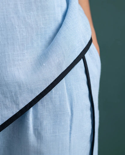 Anila Linen Two-Piece Set for Women - Short Sleeve Top & Cropped Wide Leg Pants Summer Set - Sky Blue — linen and piping close-up