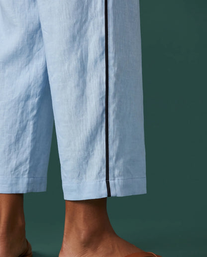 Anila Linen Two-Piece Set for Women - Short Sleeve Top & Cropped Wide Leg Pants Summer Set - Sky Blue — cropped leg detail