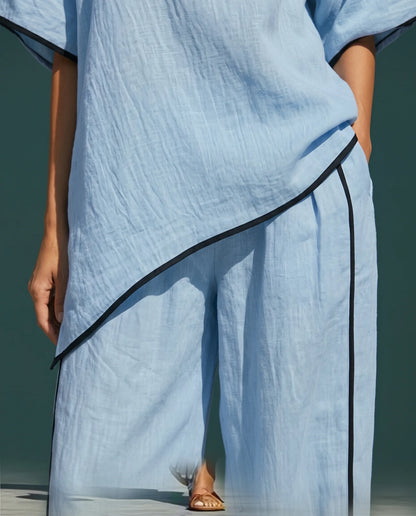 Anila Linen Two-Piece Set for Women - Short Sleeve Top & Cropped Wide Leg Pants Summer Set - Sky Blue — waist detail