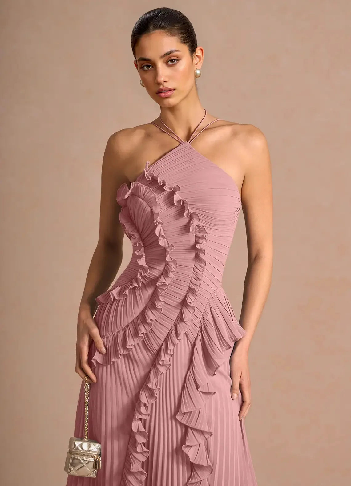 Aurore Ruffled Halter Maxi Dress — bodice and ruffle detail