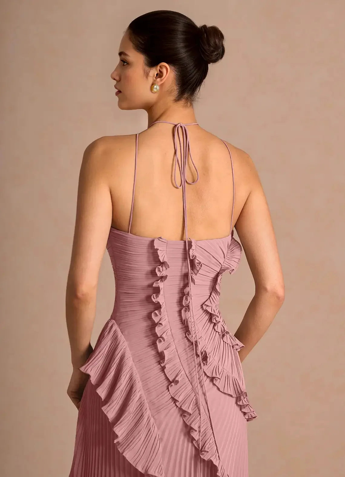 Aurore Ruffled Halter Maxi Dress — back and hem detail